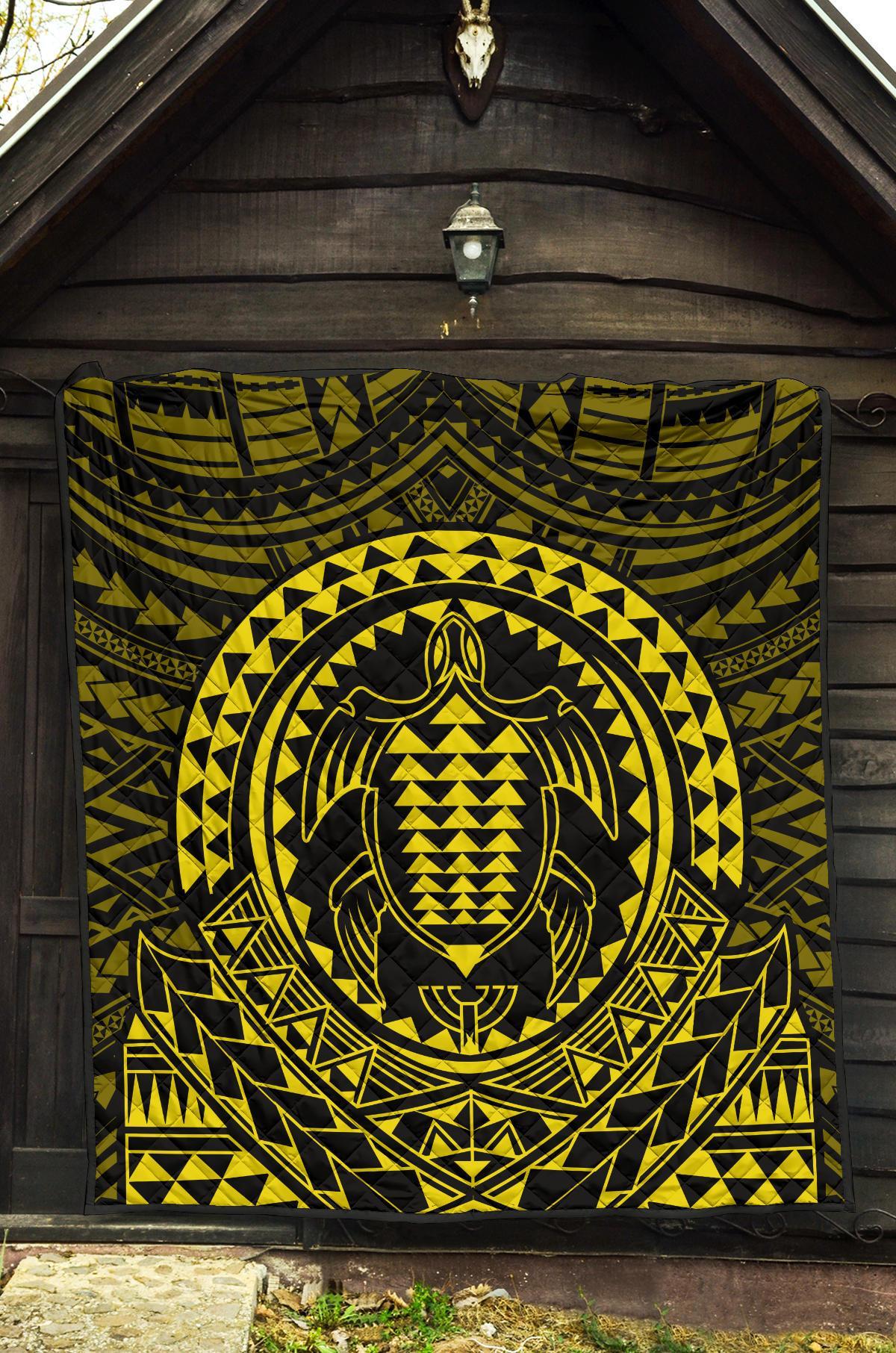 Hawaiian Kakau Honu Arc Yellow Polynesian Premium Quilt - Polynesian Pride
