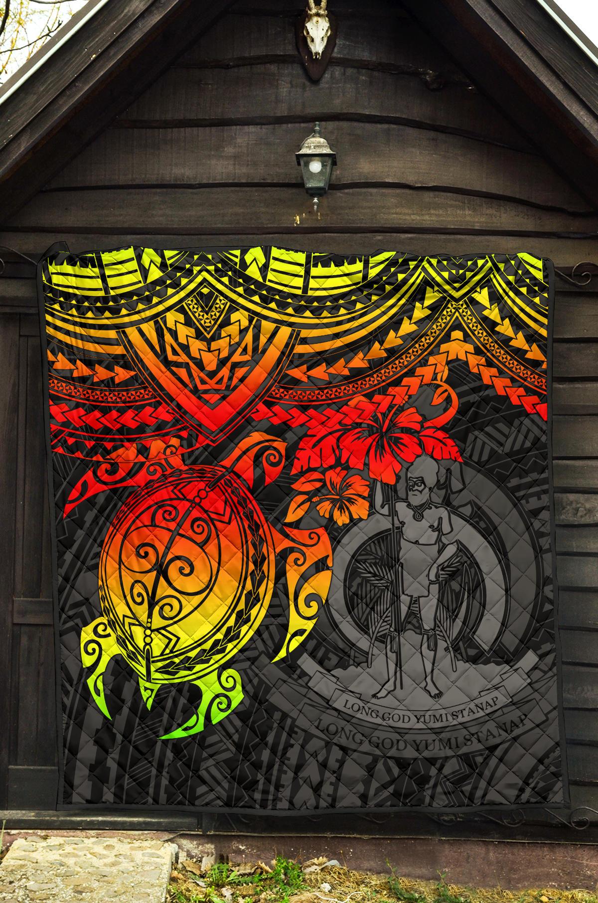 Vanuatu Polynesian Premium Quilt - Vanuatu Coat Of Arms & Reggae Turtle Hibiscus - Polynesian Pride