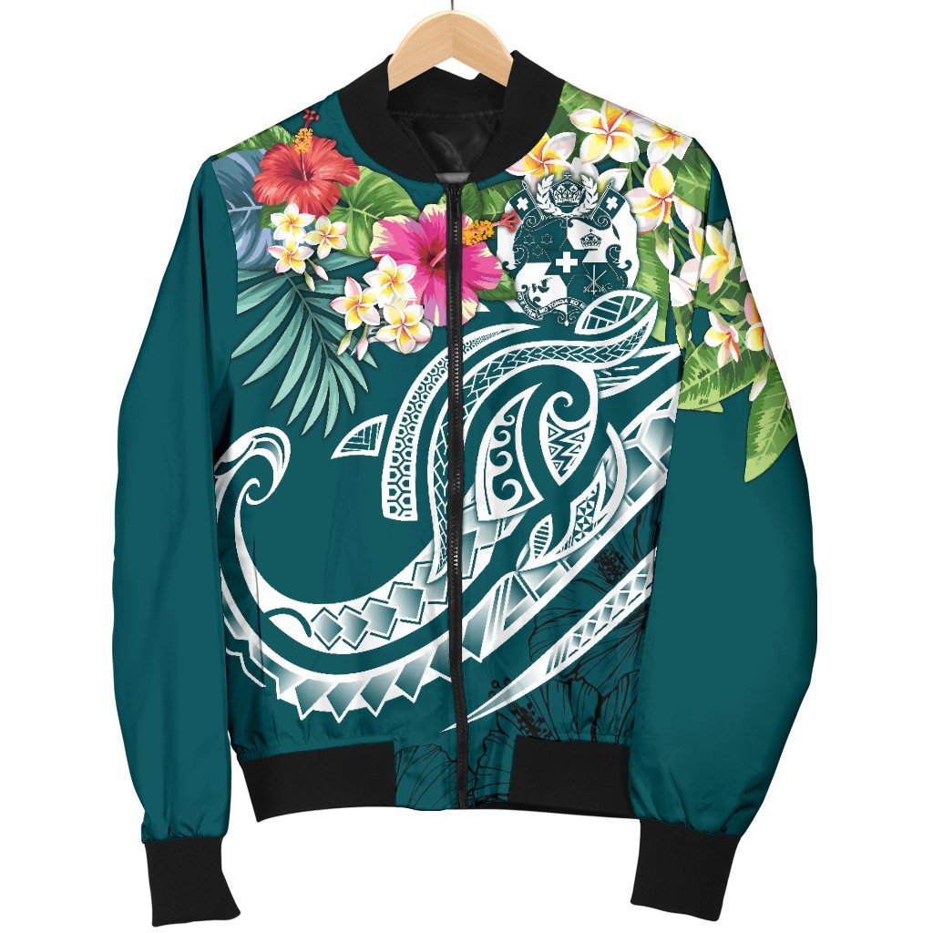 Tonga Polynesian Men's Bomber Jacket - Summer Plumeria (Turquoise) - Polynesian Pride