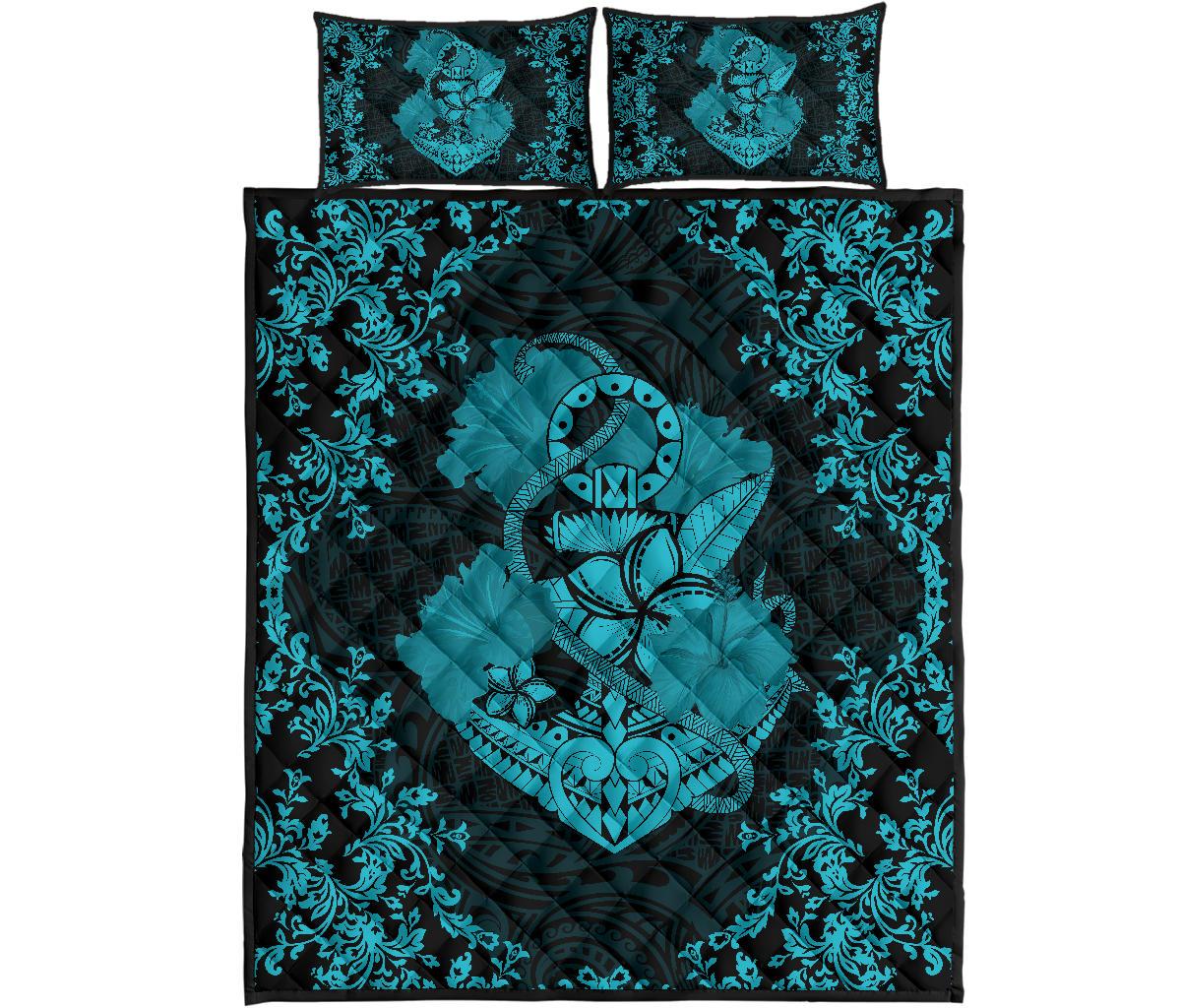 Hawaii Anchor Hibiscus Flower Vintage Quilt Bed Set - AH - Blue Blue - Polynesian Pride