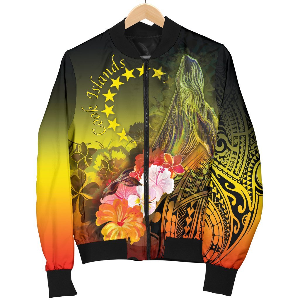 Cook Islands Men's Bomber Jacket - Humpback Whale with Tropical Flowers (Yellow) - Polynesian Pride