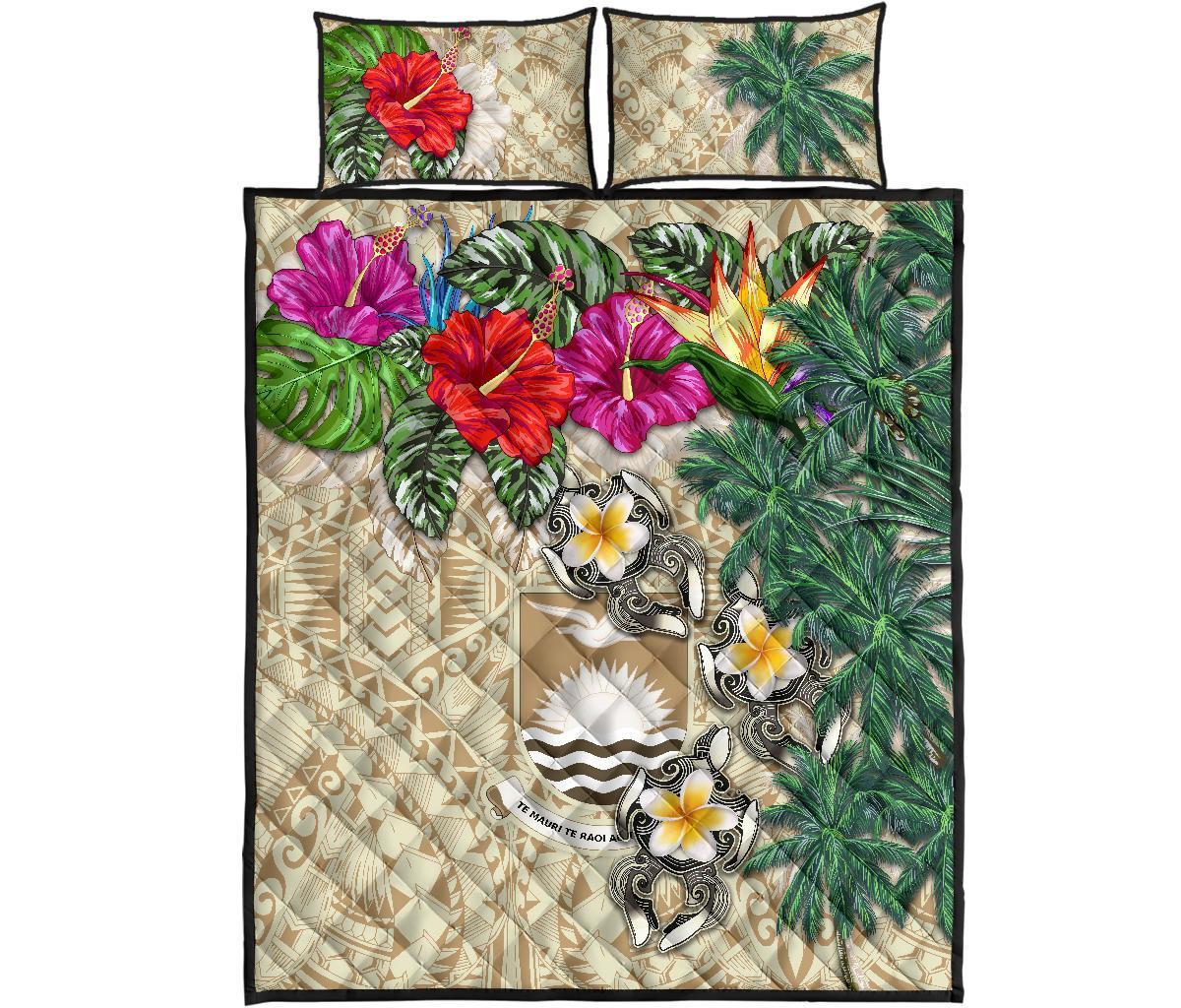 Kiribati Polynesian Quilt Bed Set - Hibiscus Turtle Tattoo Beige - Polynesian Pride