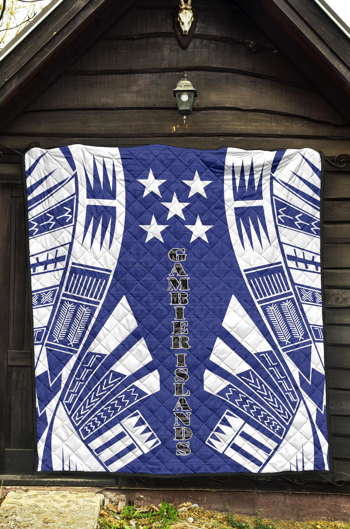 Gambier Islands Premium Quilt - Gambier Islands Flag Polynesian White Tattoo (Blue) - Polynesian Pride