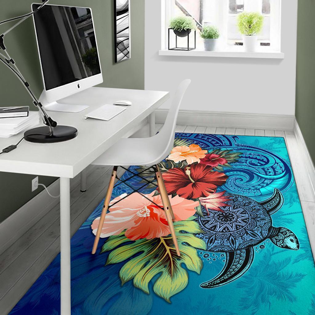 Turtle Polynesian Area Rug Hibiscus Polynesian Blue - Polynesian Pride