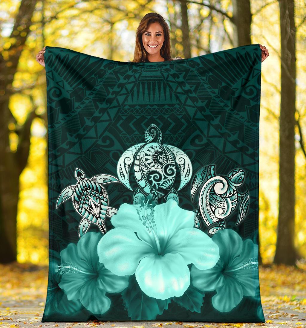 Polynesian Premium Blanket Turtle And Hibiscus Turquoise - Polynesian Pride