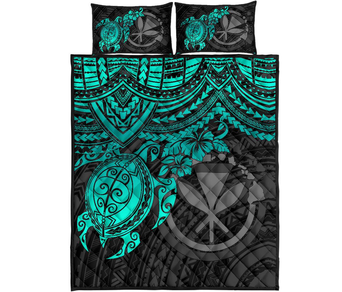 Hawaii Polynesian Quilt Bed Set - Kanaka Maoli & Turquoise Turtle Hibiscus - Polynesian Pride