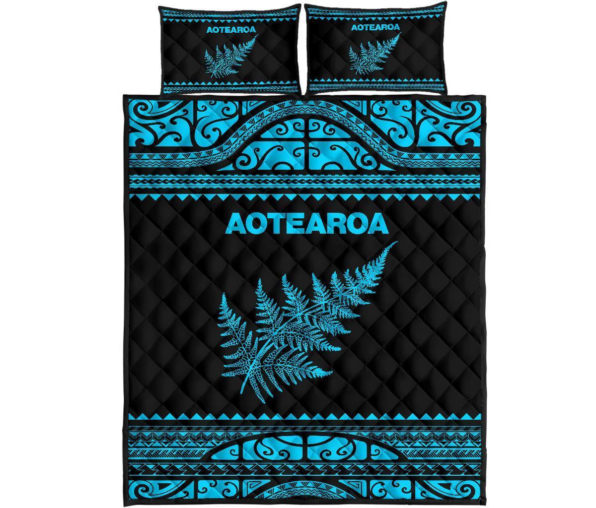 Aotearoa New Zealand Maori Quilt Bed Set Silver Fern Blue - Polynesian Pride