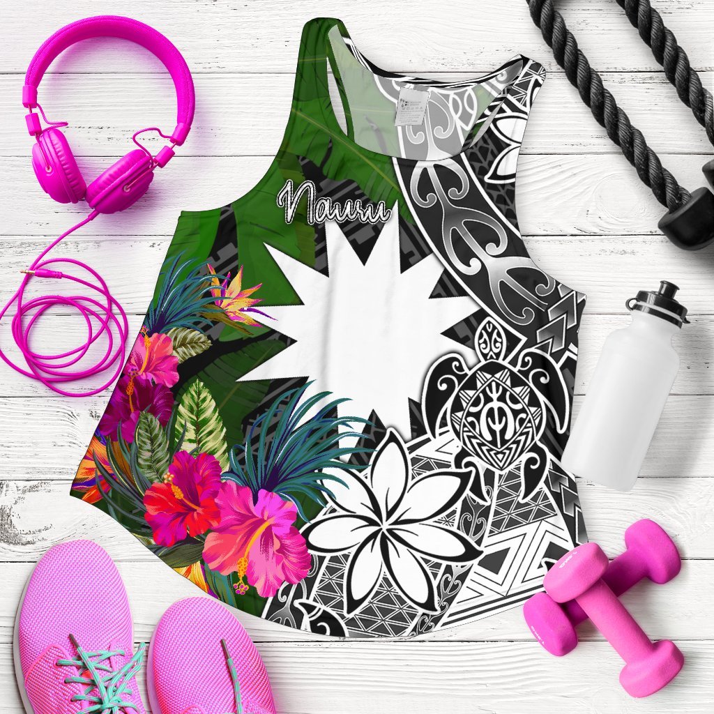 Nauru Women Racerback Tank - Turtle Plumeria Banana Leaf Black - Polynesian Pride
