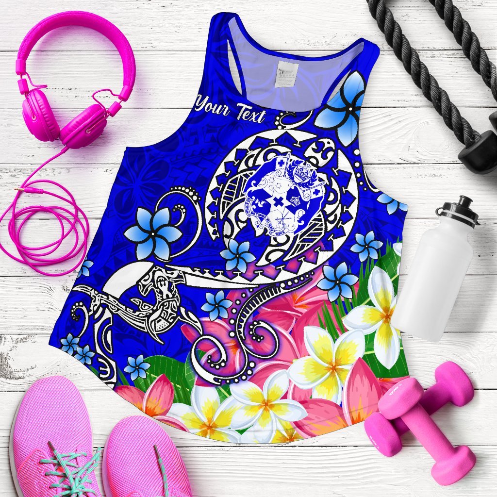 Tonga Custom Personalised Women's Racerback Tank - Turtle Plumeria (Blue) Blue - Polynesian Pride