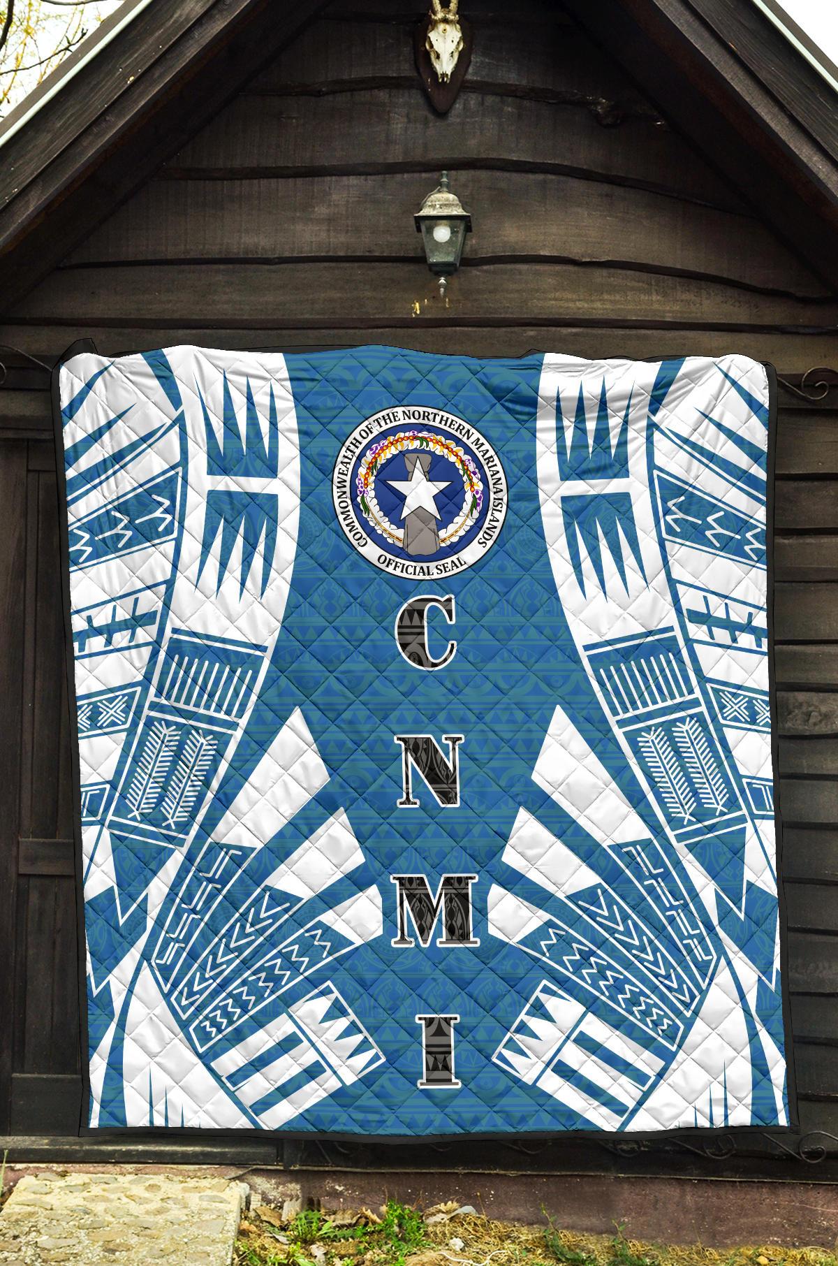 Northern Mariana Islands Premium Quilt - Northern Mariana Islands Seal Polynesian White Tattoo (Blue) - Polynesian Pride