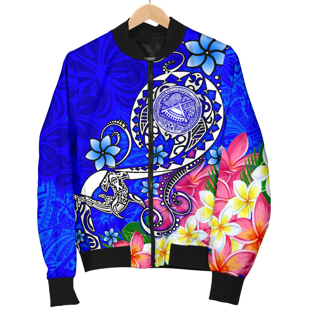 American Samoa Polynesian Men's Bomber Jacket - Turtle Plumeria (Blue) - Polynesian Pride