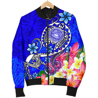 American Samoa Polynesian Men's Bomber Jacket - Turtle Plumeria (Blue) - Polynesian Pride