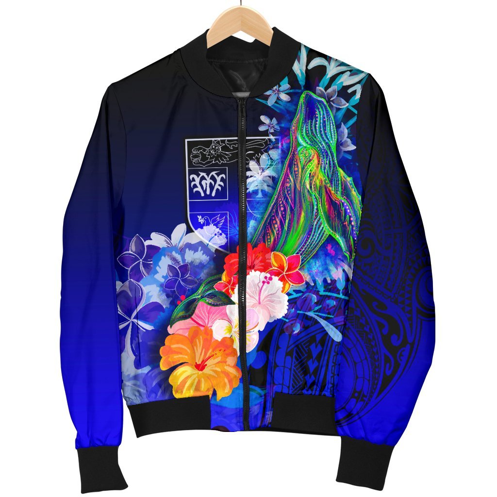 Fiji Men's Bomber Jacket - Humpback Whale with Tropical Flowers (Blue) - Polynesian Pride