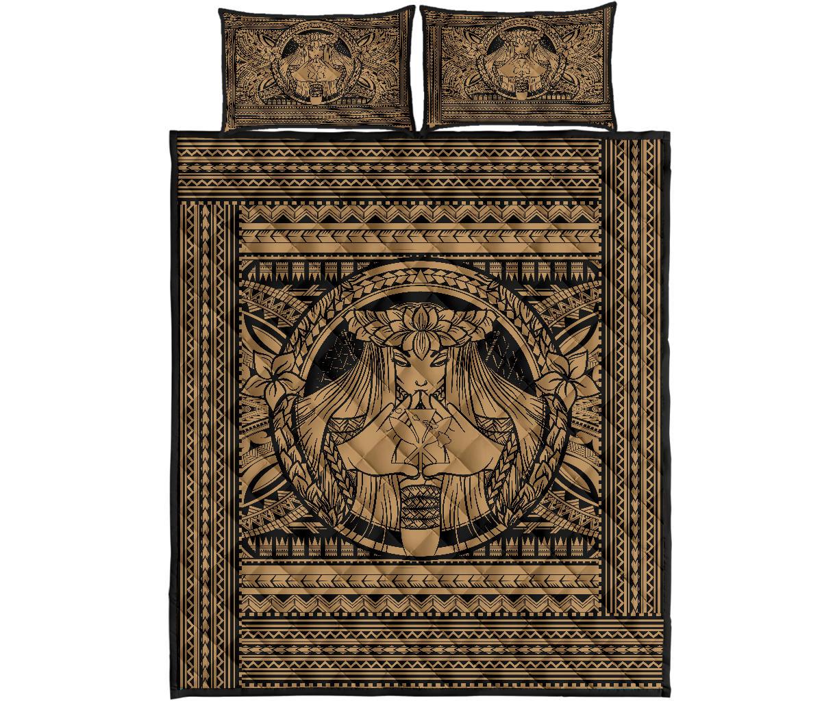 Hawaii Polynesian Pele Kanaka Quilt Bed Set Gold - Polynesian Pride