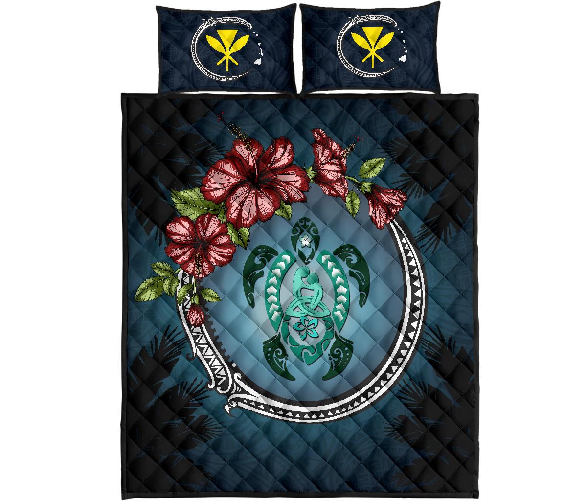 Kanaka Maoli (Hawaiian) Quilt Bed Set - Polynesian Ohana Turtle Hibiscus Mother Son Blue - Polynesian Pride