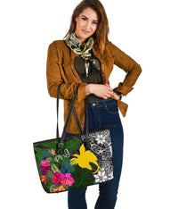 Papua New Guinea Large Leather Tote Bag - Turtle Plumeria Banana Leaf - Polynesian Pride