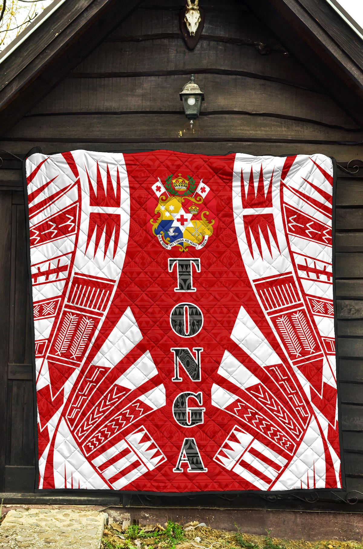 Tonga Premium Quilt - Tonga Coat Of Arms Polynesian White Tattoo (Red) - Polynesian Pride