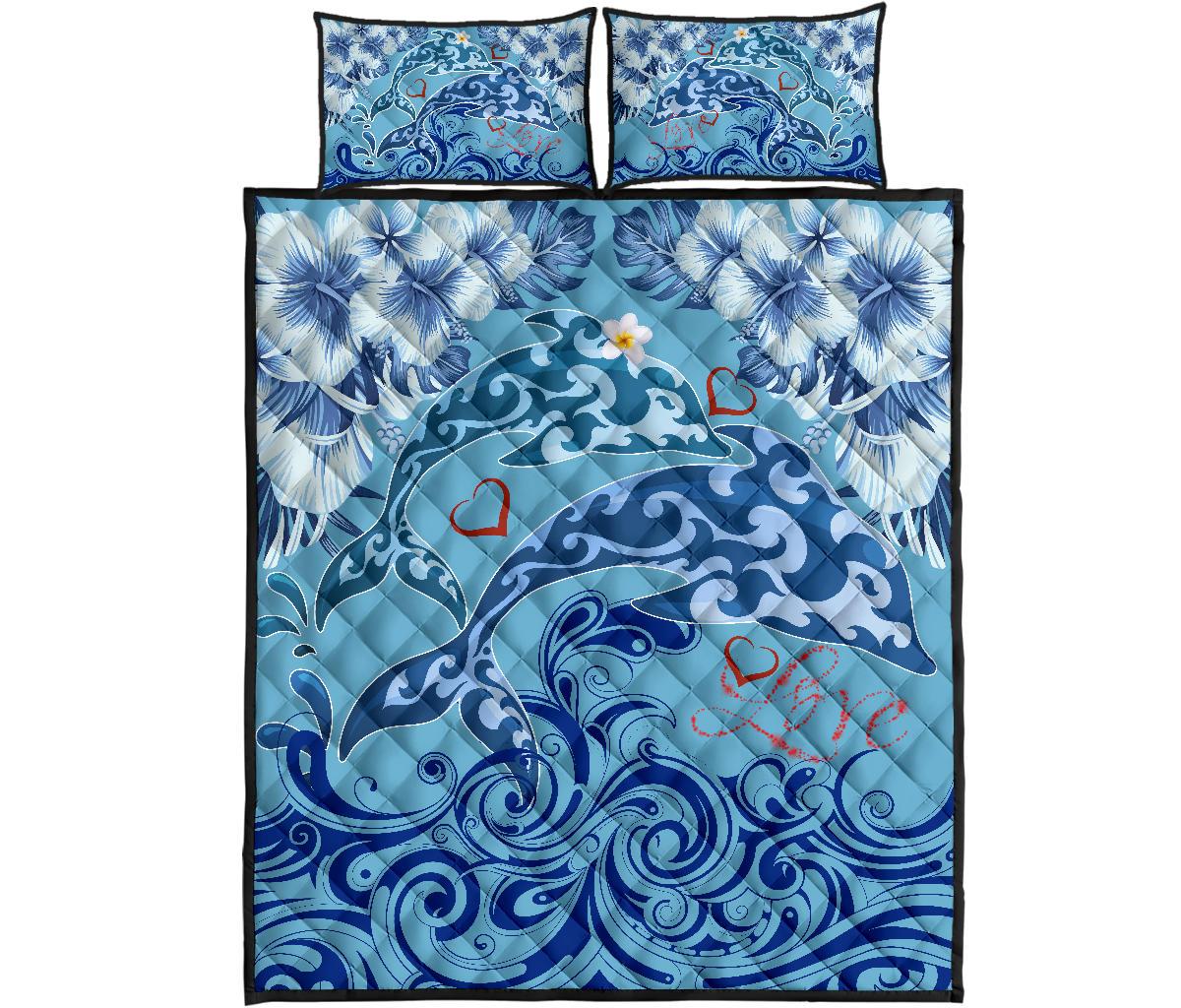 Hawaii Dolphin Couple Valentine's Hibiscus Quilt Bed Set - Tender Style - AH Blue - Polynesian Pride