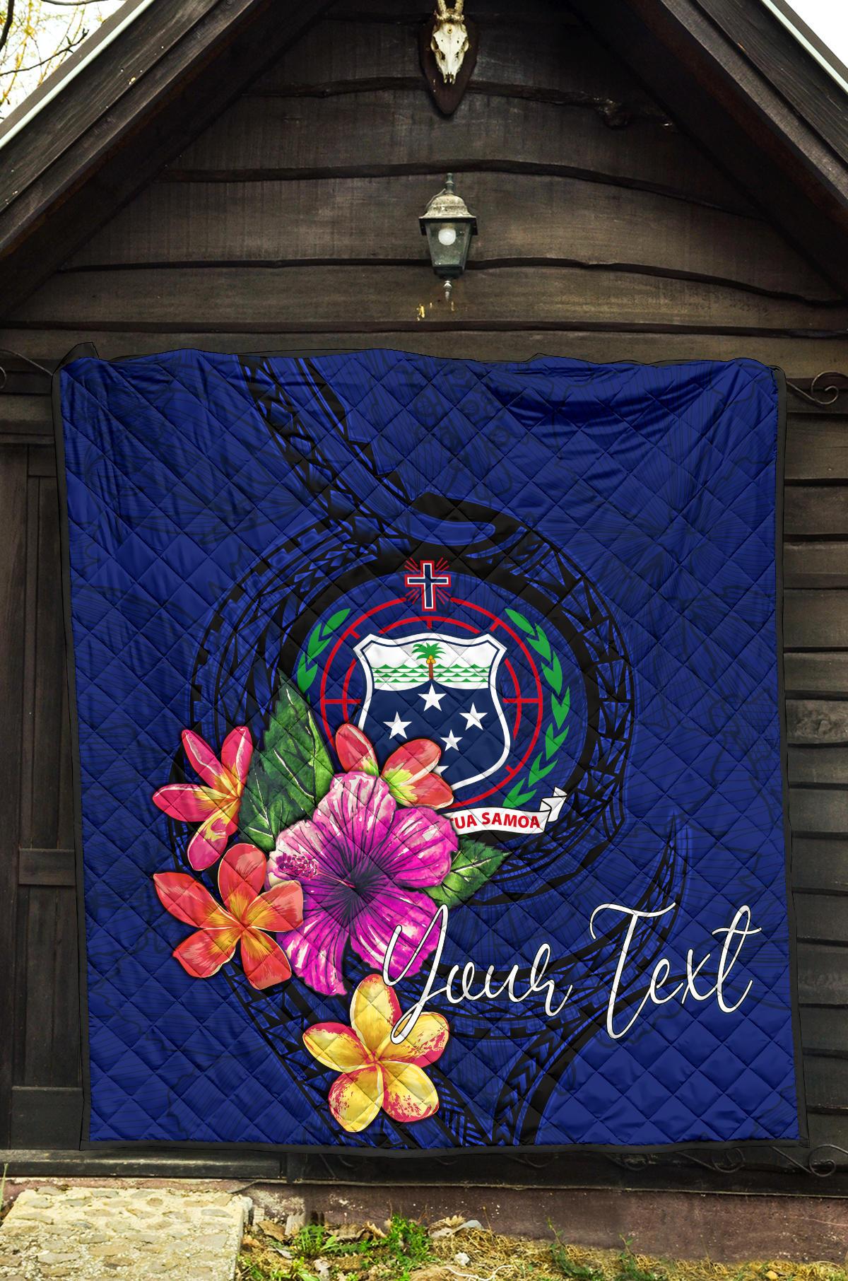 Samoa Polynesian Custom Personalised Premium Quilt - Floral With Seal Blue - Polynesian Pride