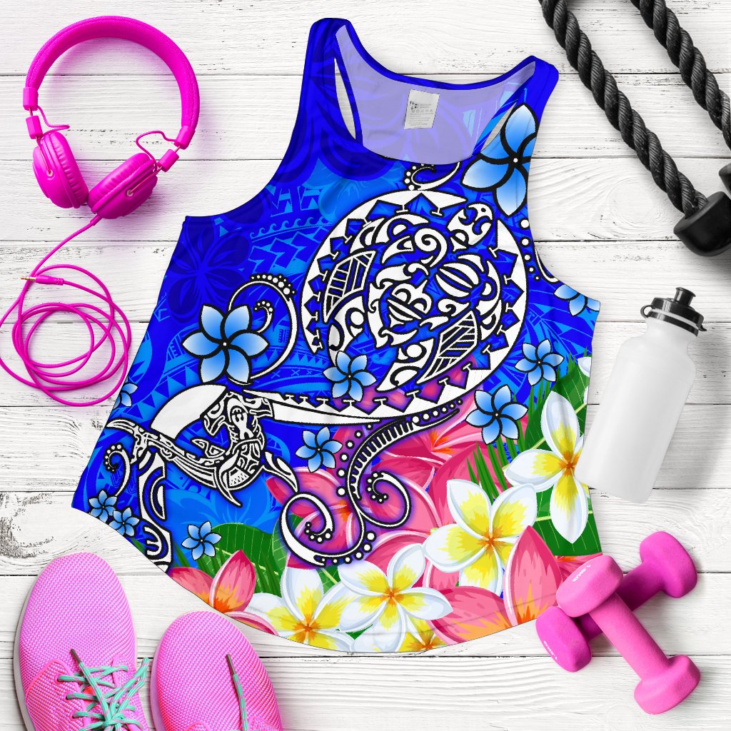 Polynesian Women's Racerback Tank - Turtle Plumeria Blue Color Blue - Polynesian Pride