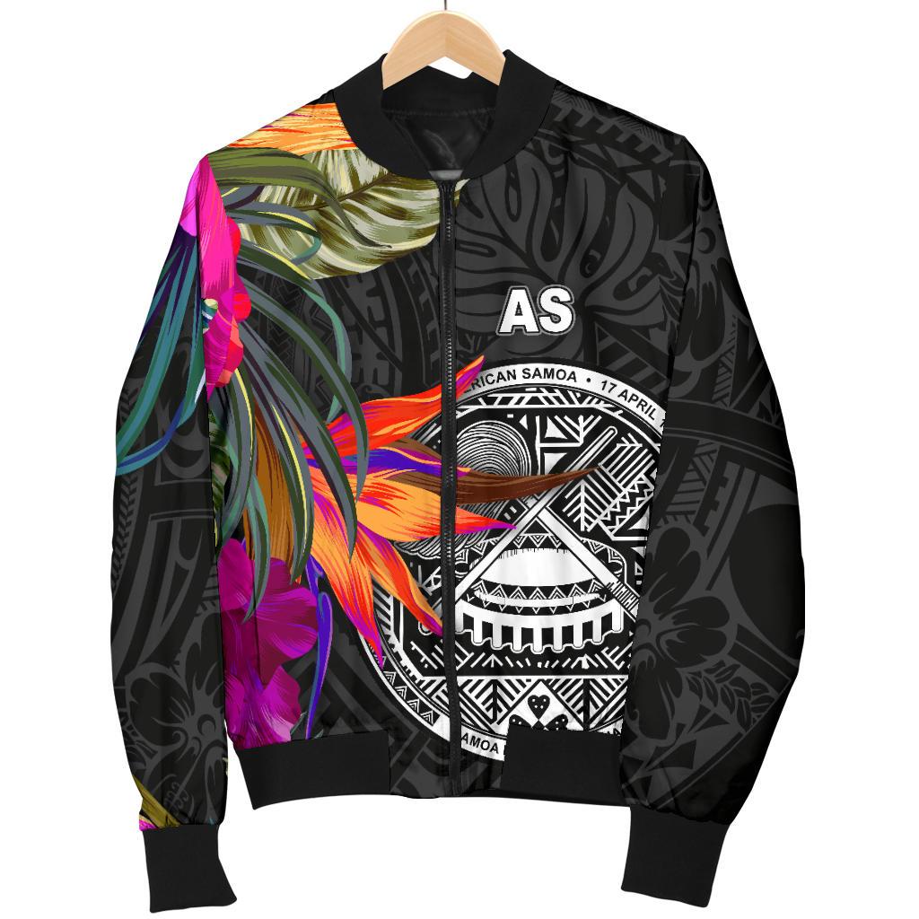 American Samoa Men's Bomber Jacket - Polynesian Hibiscus Pattern Black - Polynesian Pride