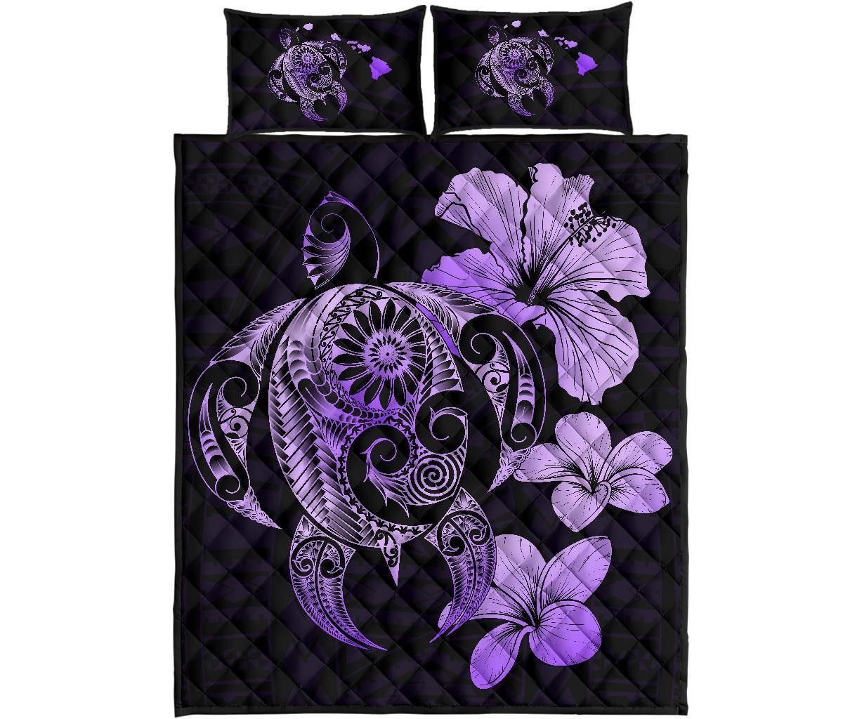 Hibiscus Plumeria Mix Polynesian Violet Turtle Quilt Bed Set - Polynesian Pride