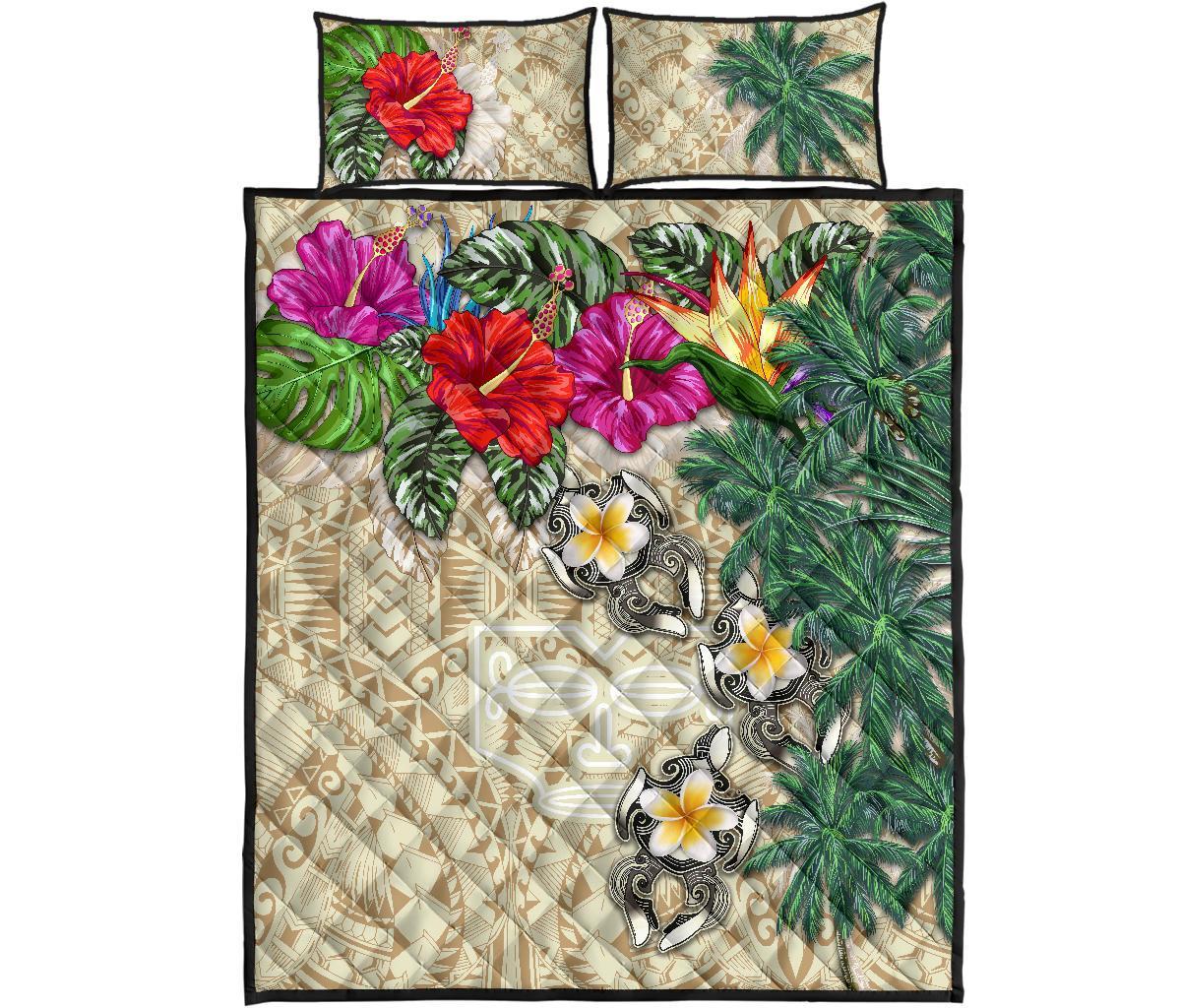 Marquesas Islands Polynesian Quilt Bed Set - Hibiscus Turtle Tattoo Beige - Polynesian Pride