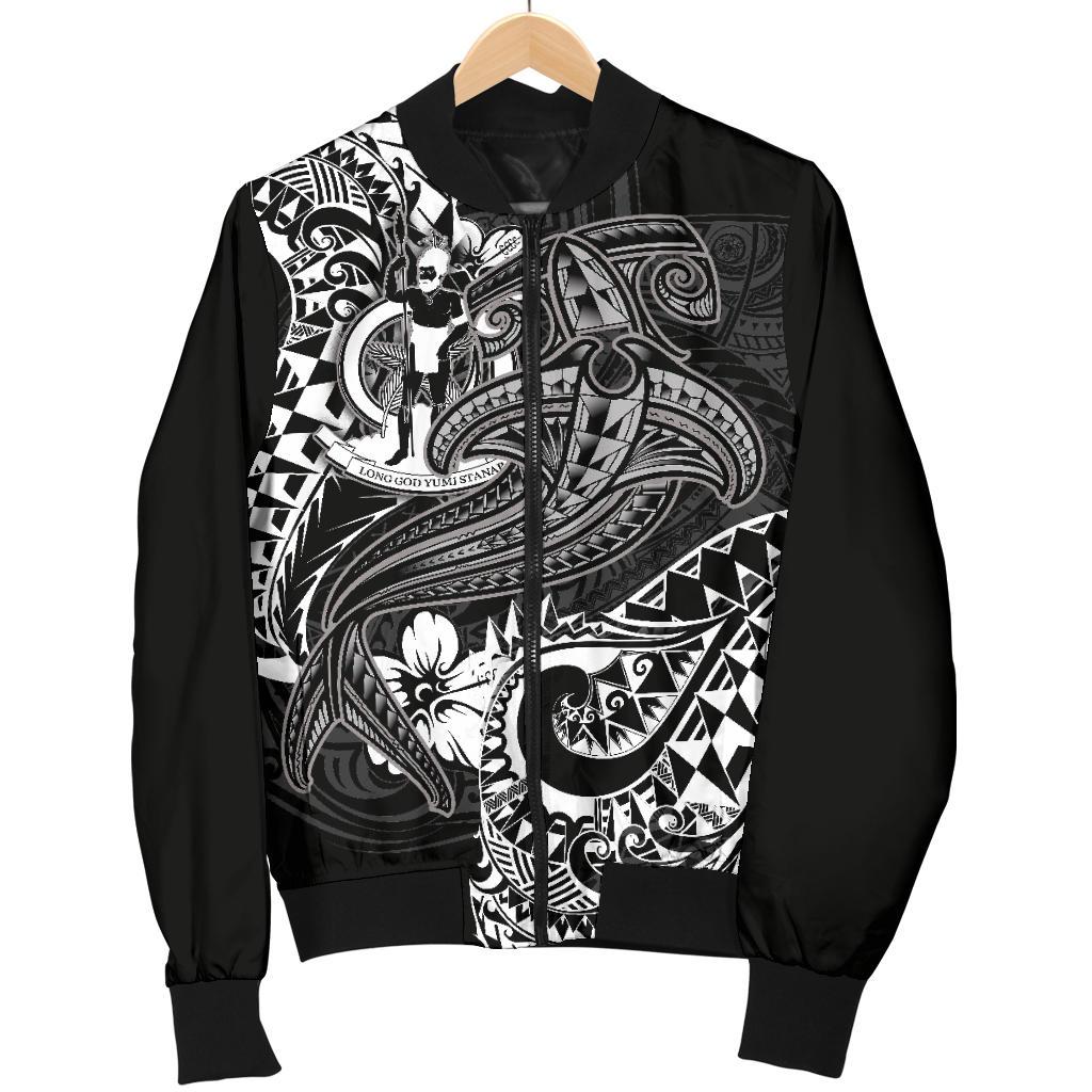 Vanuatu Polynesian Men's Bomber Jacket - White Shark Polynesian Tattoo - Polynesian Pride