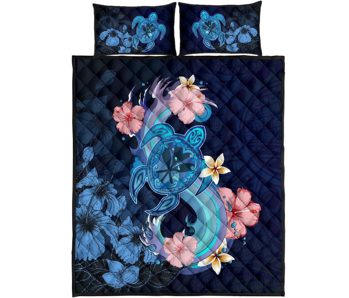 Kanaka Maoli (Hawaiian) Quilt Bed Set - Blue Turtle Hibiscus Blue - Polynesian Pride