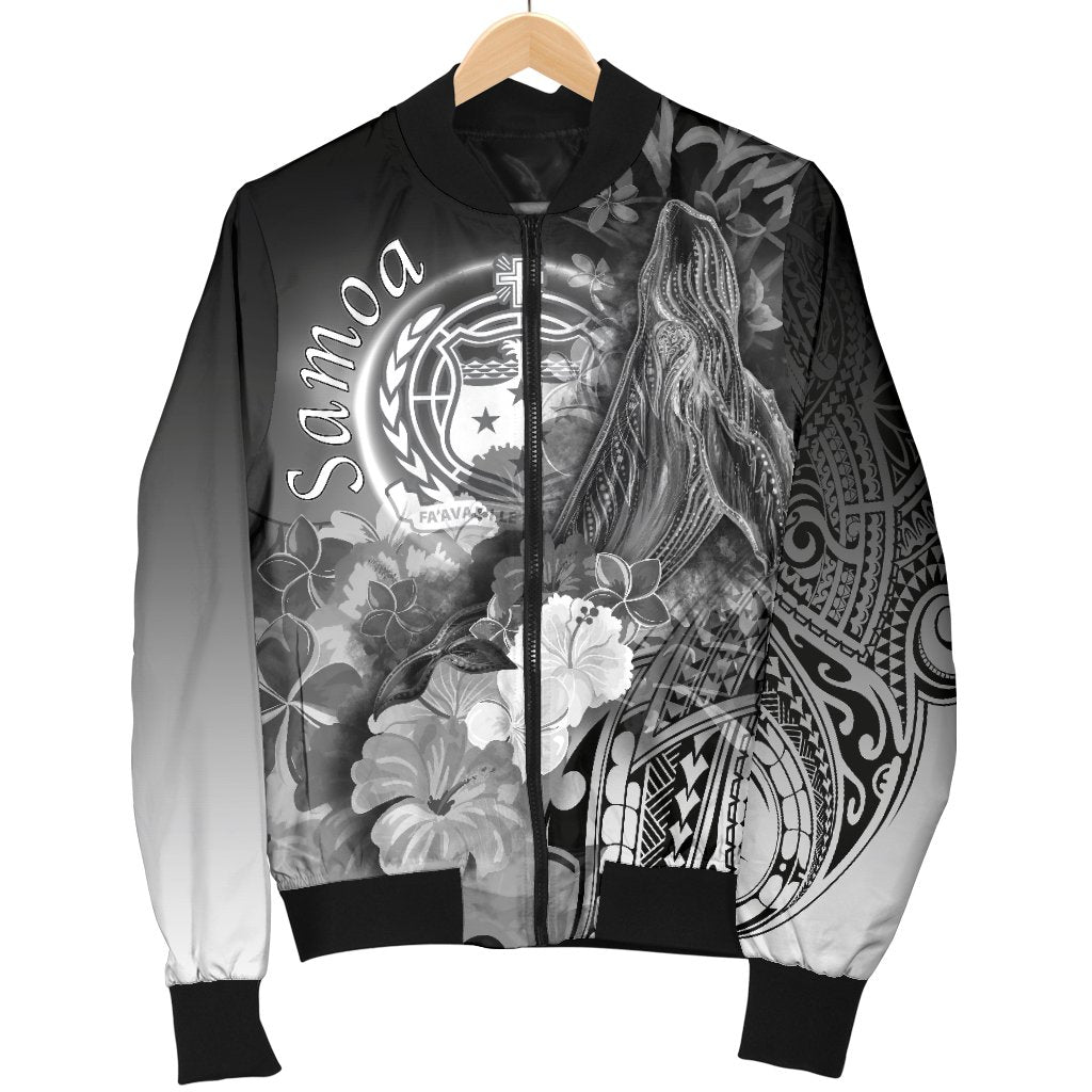 Samoa Men's Bomber Jacket - Humpback Whale with Tropical Flowers (White) - Polynesian Pride
