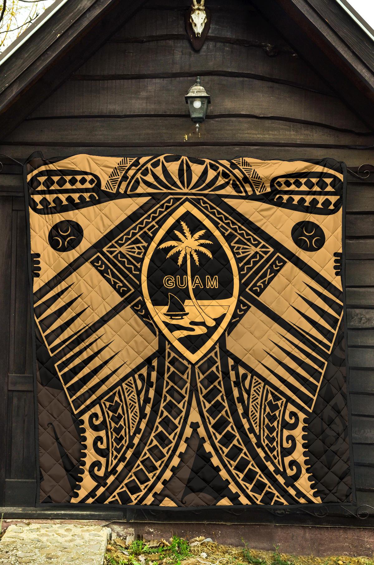 Guam Polynesian Premium Quilt - Guam Gold Seal with Polynesian Tattoo - Polynesian Pride