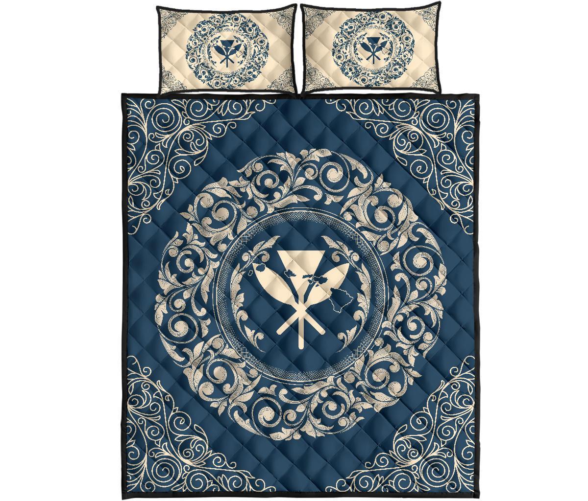 Hawaii Map Classic Floral Quilt Bed Set Blue - Polynesian Pride