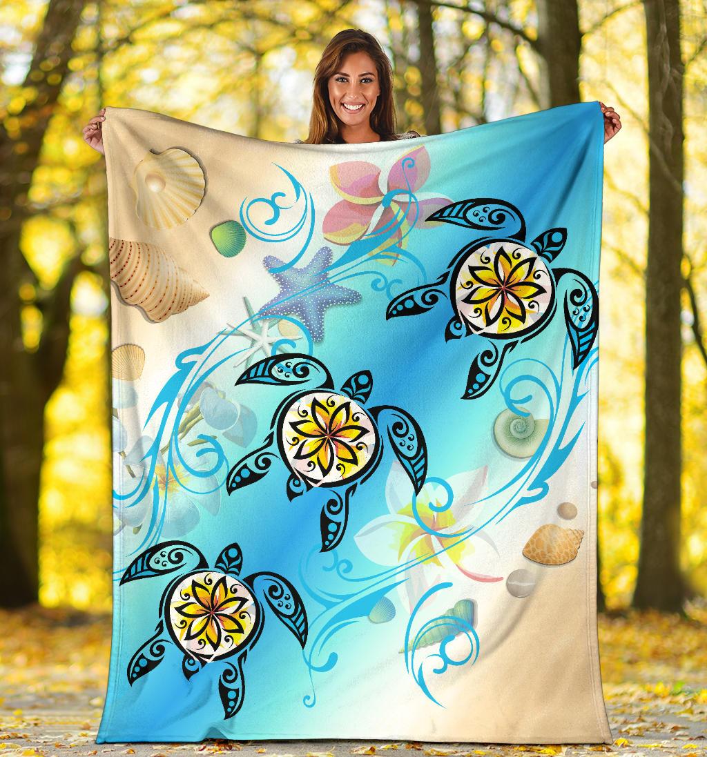 Hawaii Fresh Beach Turtle Plumeria Premium Blanket - AH - Brian Style - Polynesian Pride