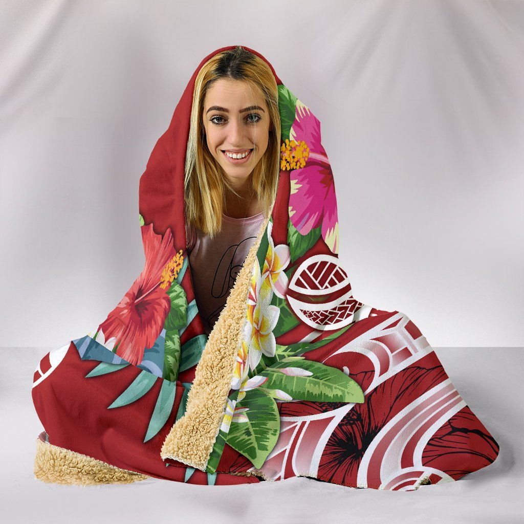 Tonga Polynesian Hooded Blanket - Summer Plumeria (Red) - Polynesian Pride