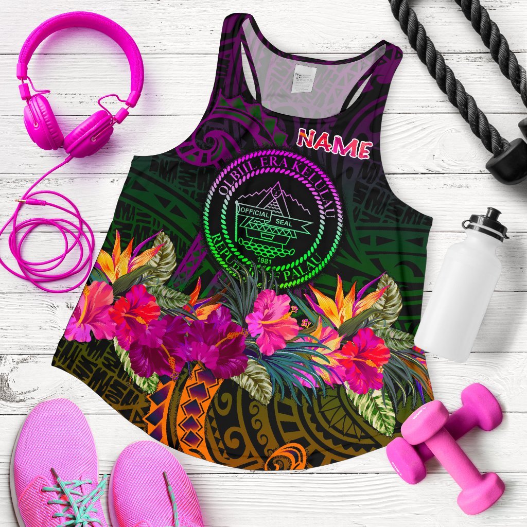 Palau Personalised Women's Racerback Tank - Summer Hibiscus Art - Polynesian Pride
