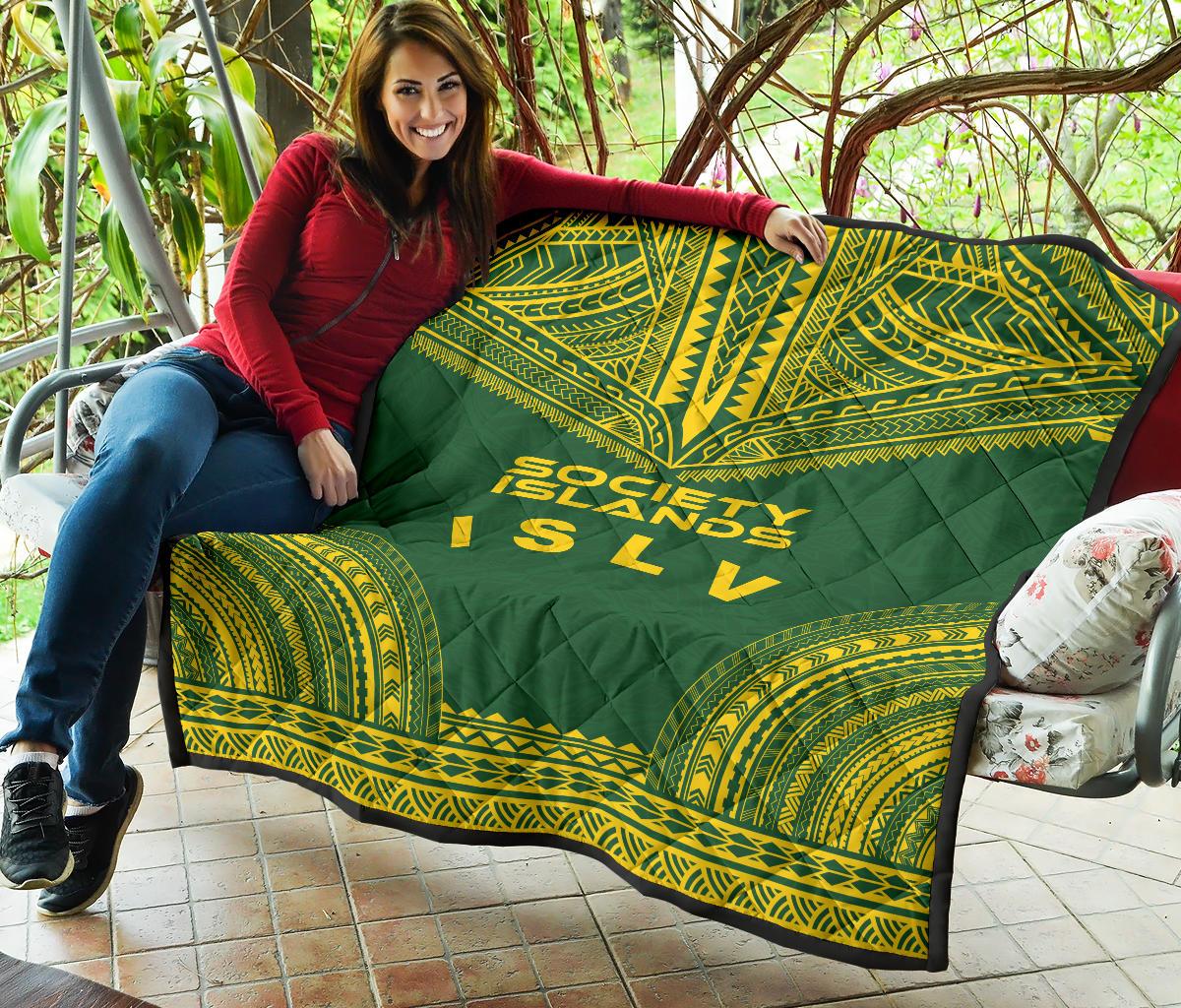 Society Islands Premium Quilt - Society Islands Flag Polynesian Chief Green Version - Polynesian Pride