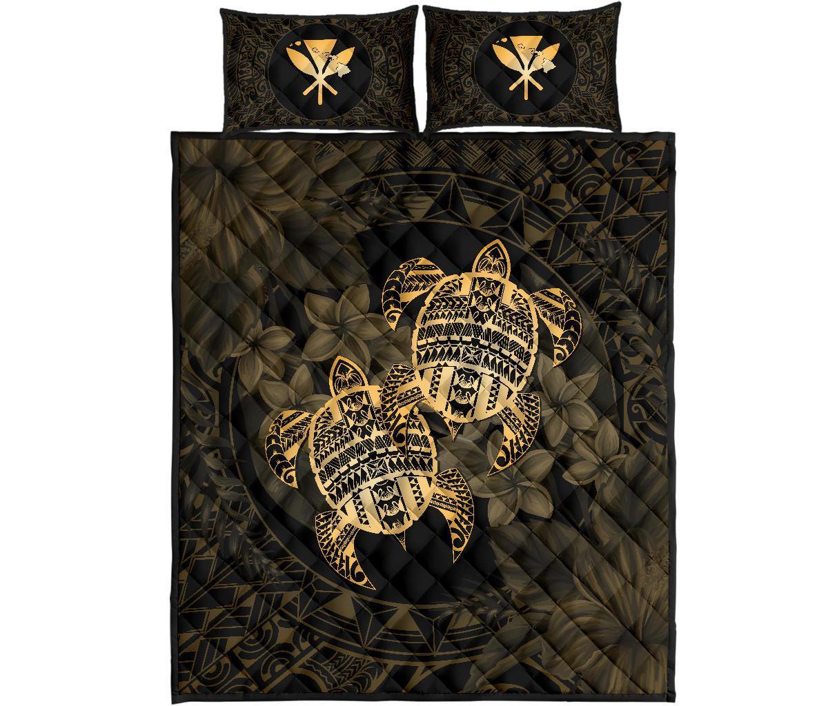 Hawaii Quilt Bed Set - Turtle Strong Pattern Hibiscus Plumeria Gold AH - Polynesian Pride