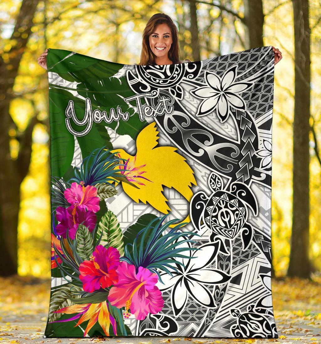 Papua New Guinea Custom Personalised Premium Blanket White - Turtle Plumeria Banana Leaf - Polynesian Pride