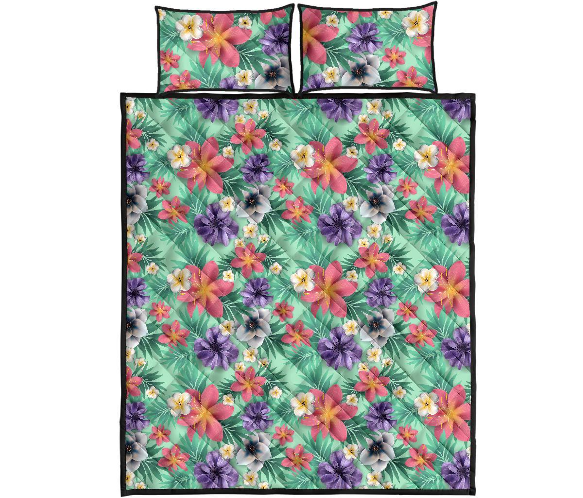Hawaii Quilt Bed Set Tropical Flower Blossom Cluster Seamless Pattern Tropical Flowers Palm Leaves Plant And Leaf AH - Polynesian Pride