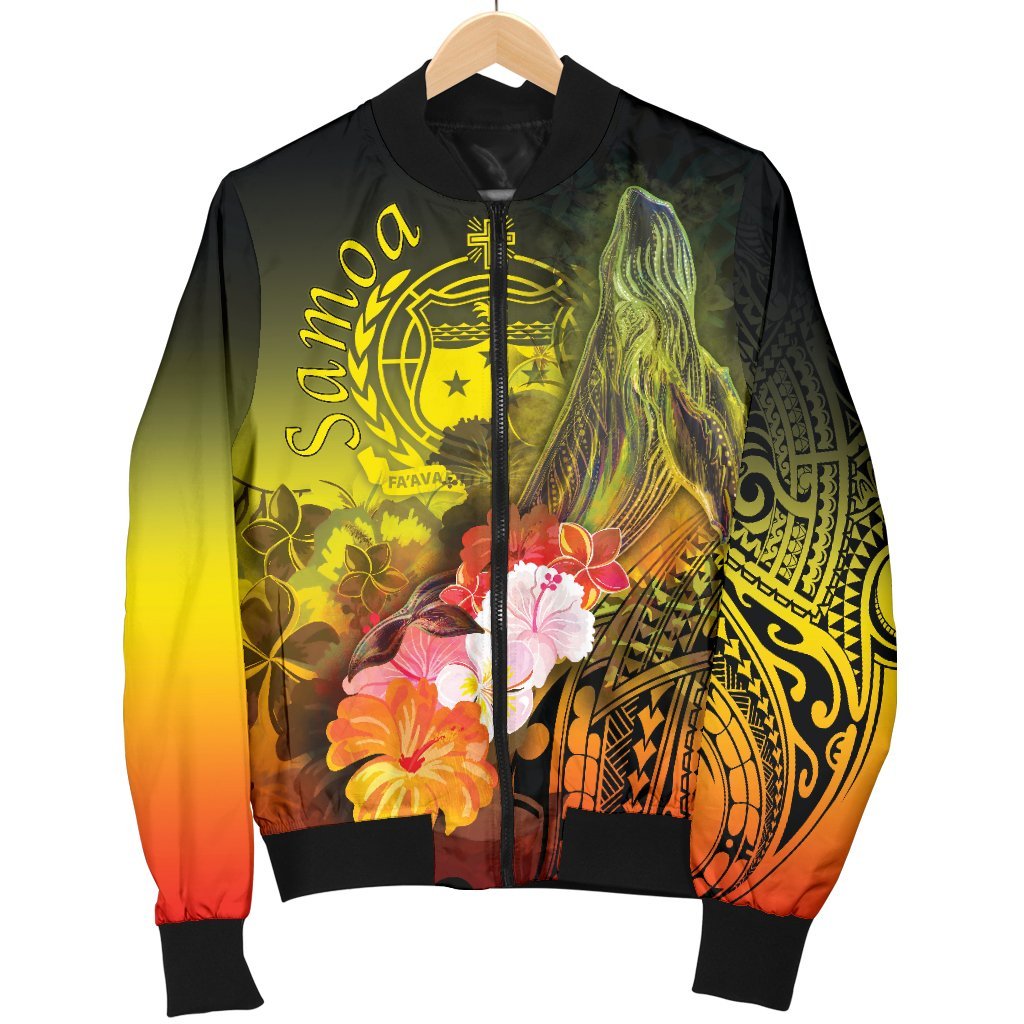 Samoa Men's Bomber Jacket - Humpback Whale with Tropical Flowers (Yellow) - Polynesian Pride
