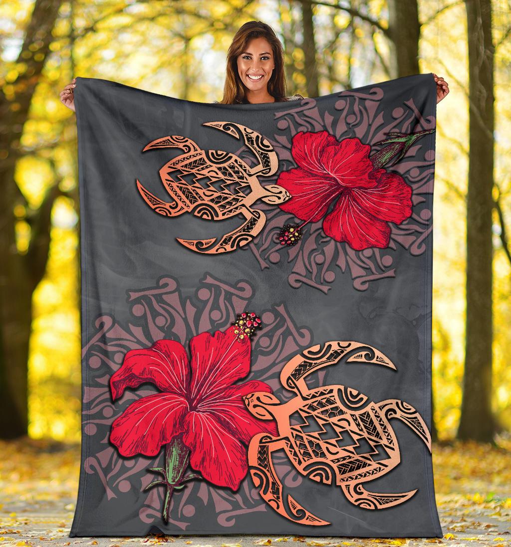 Hawaii Turtle Hibiscus Polynesian Premium Blanket - Khoi Style - AH - Polynesian Pride