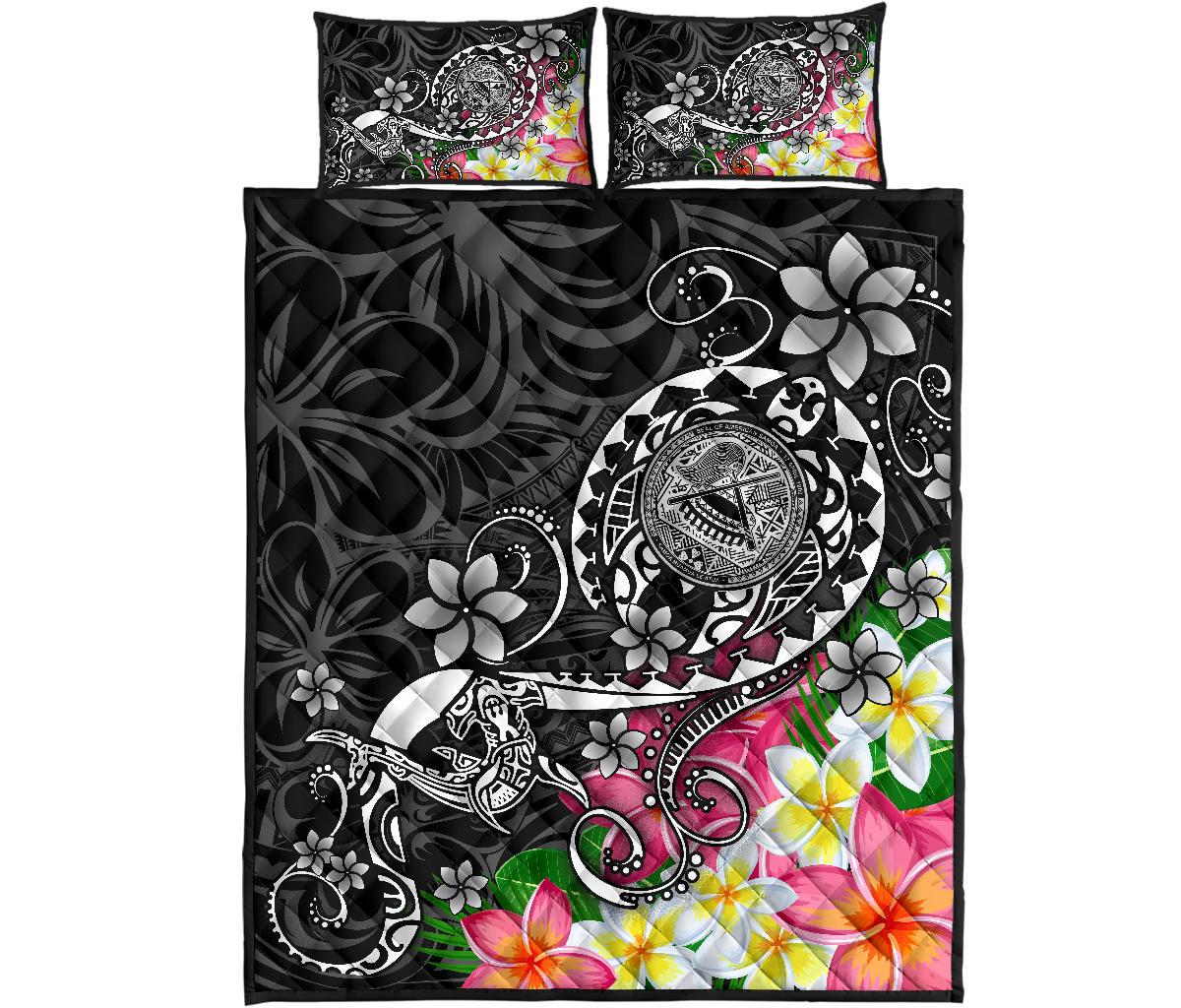 American Samoa Polynesian Quilt Bed Set - Turtle Plumeria (Black) - Polynesian Pride