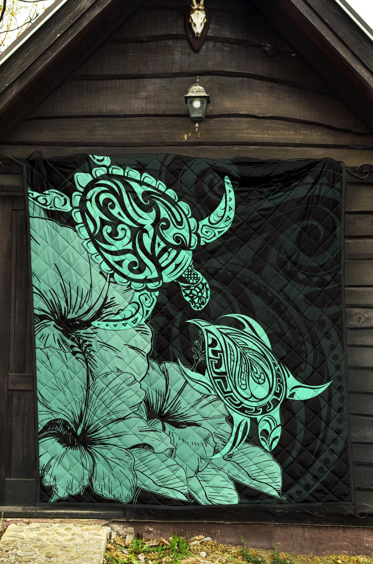 Hawaii Turtle Premium Quilt Polynesian Hibiscus Art Turquoise AH - Polynesian Pride