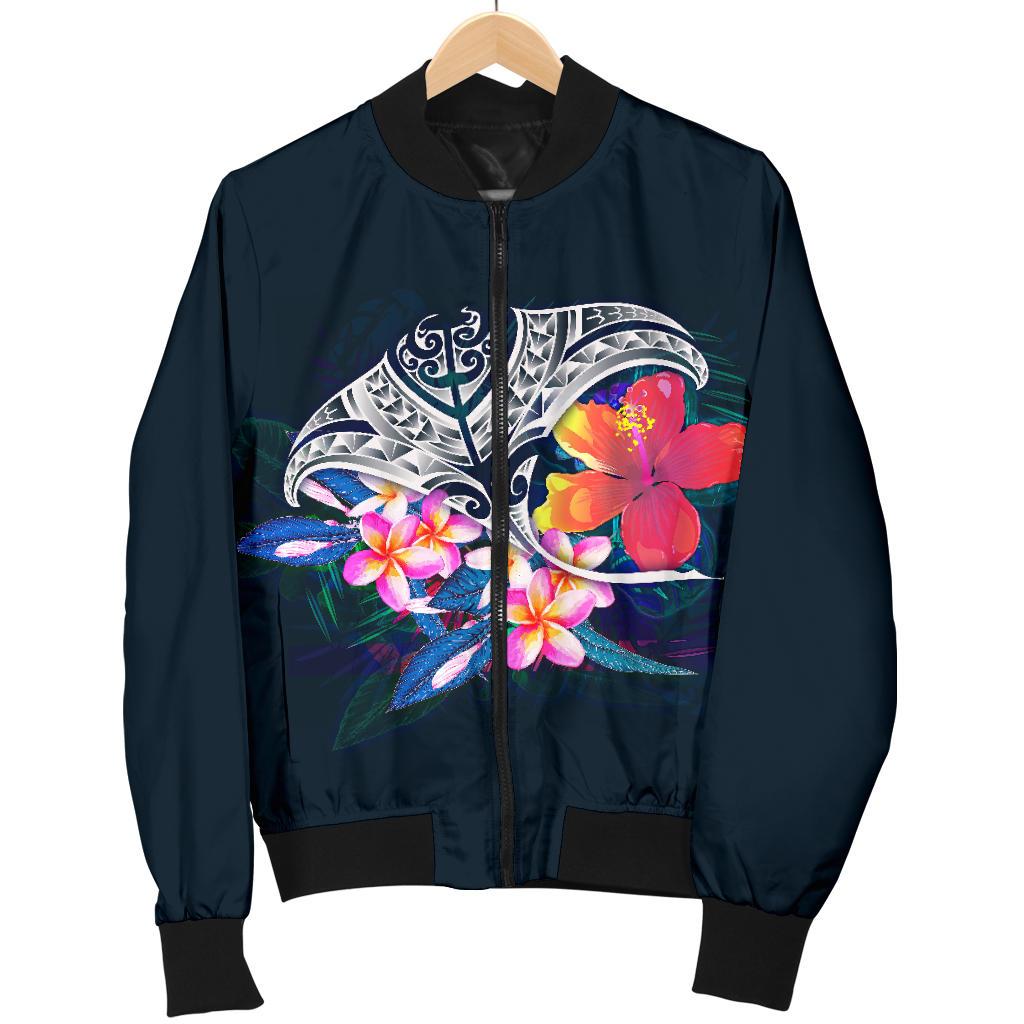 Polynesian Men's Bomber Jacket - Manta Ray And Hibiscus - Polynesian Pride