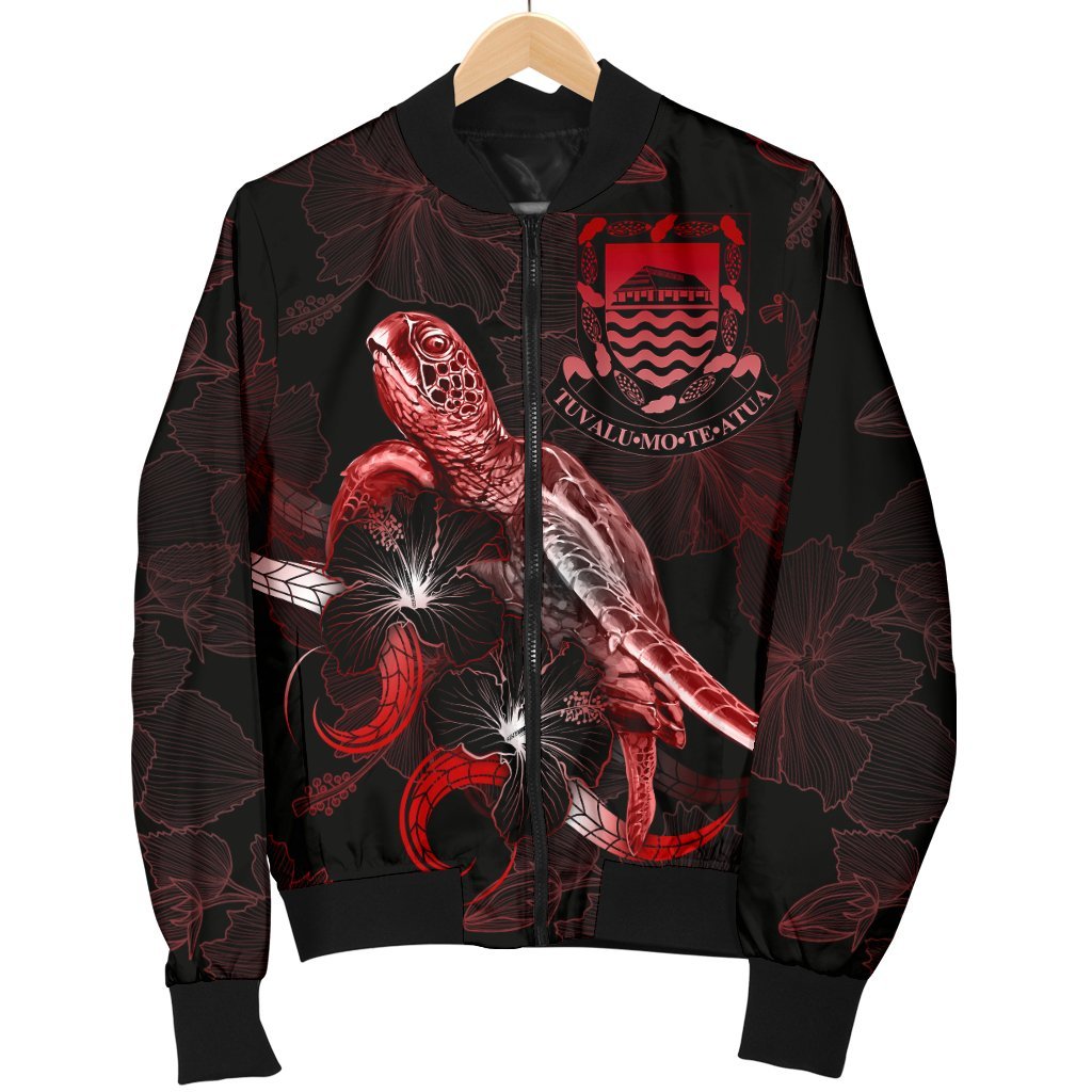 Tuvalu Polynesian Men's Bomber Jacket - Turtle With Blooming Hibiscus Red - Polynesian Pride