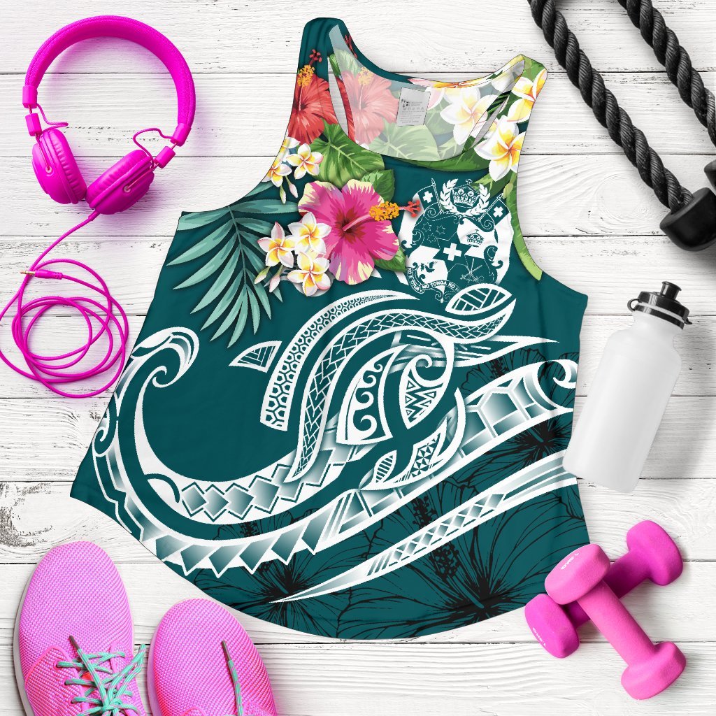 Tonga Polynesian Women's Racerback Tank - Summer Plumeria (Turquoise) Turquoise - Polynesian Pride