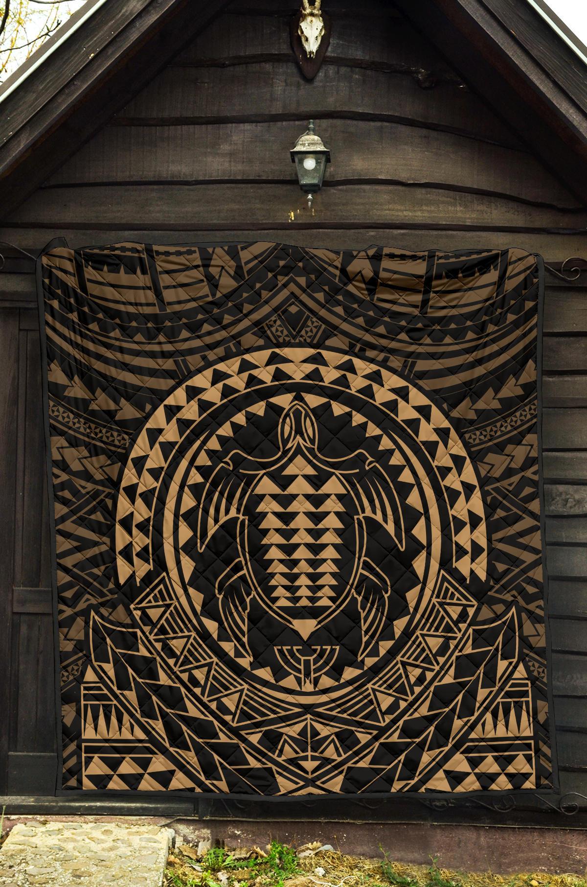 Hawaiian Kakau Honu Arc Gold Polynesian Premium Quilt - Polynesian Pride