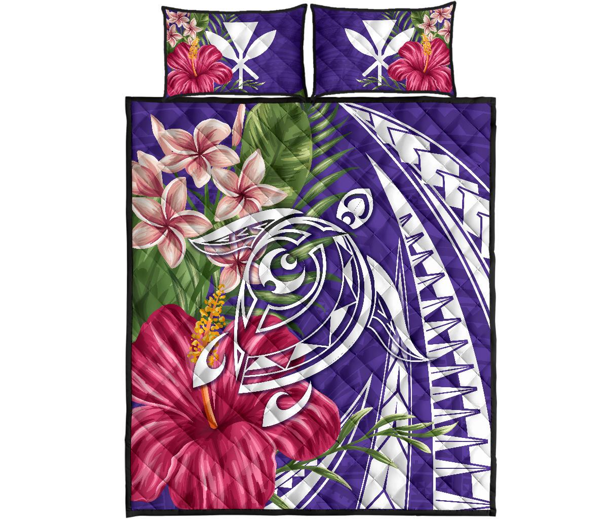 Hawaii Polynesian Turtle Tropical Hibiscus Plumeria Quilt Bet Set - Purple Art - Polynesian Pride