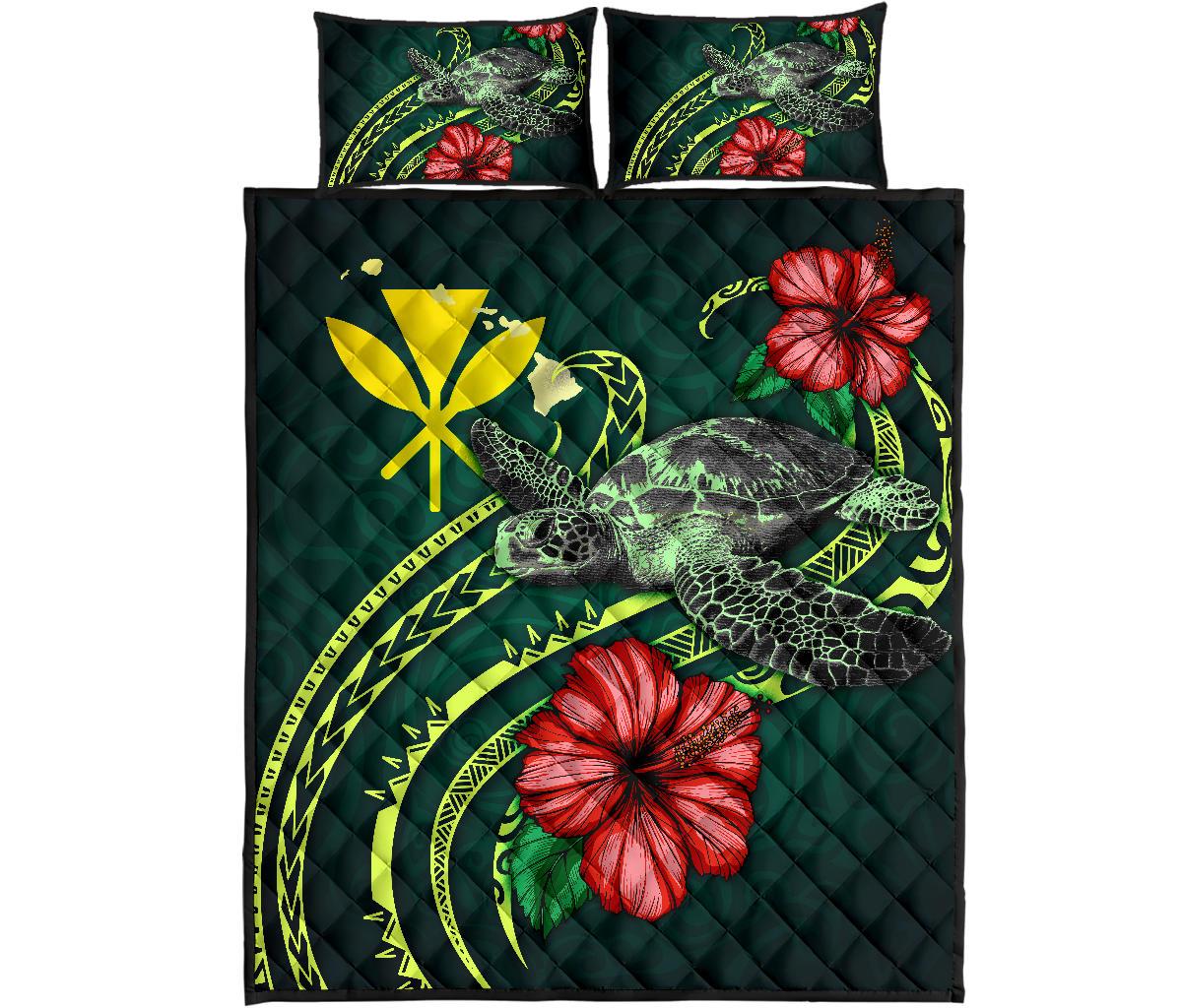 Hawaii Polynesian Quilt Bed Set - Green Turtle Hibiscus - Polynesian Pride