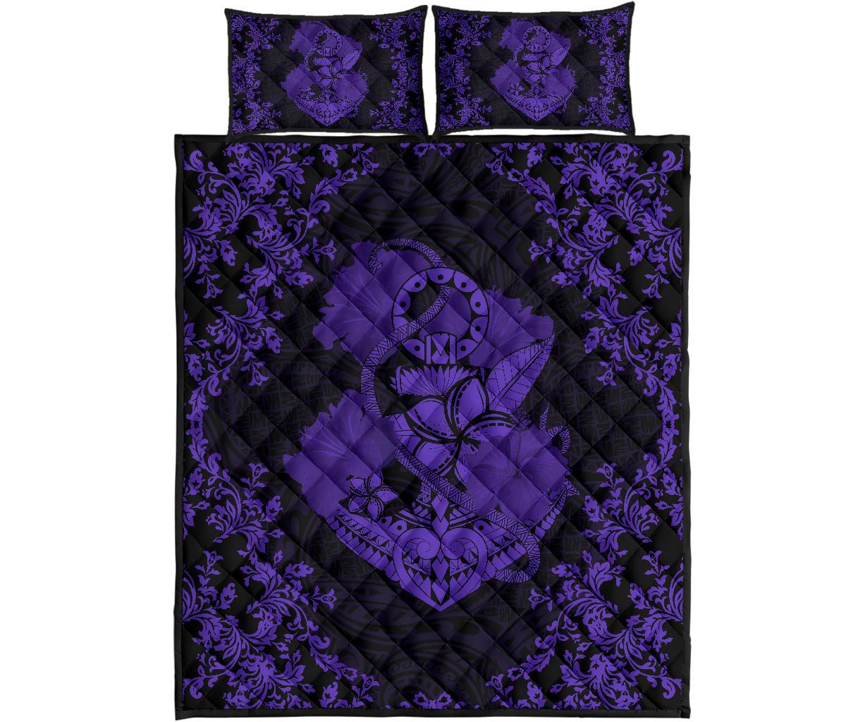 Hawaii Anchor Hibiscus Flower Vintage Quilt Bed Set - AH - Purple Art - Polynesian Pride